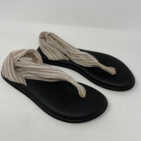 Sanuk 5 Yoga Sling Back Cream Stripe BOHO Summer Beach Comfy Sandals - Picture 2 of 9